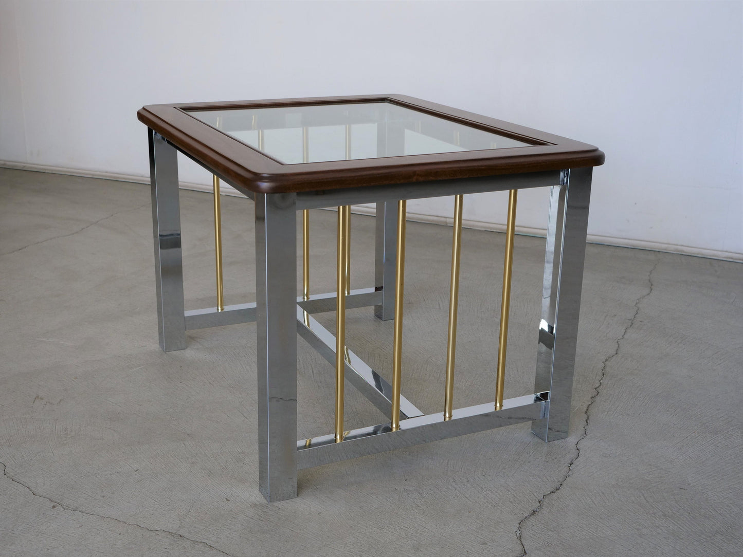 1970's Mid-Century Modern Mahogany, Chrome, Brass, and Glass Coffee Table