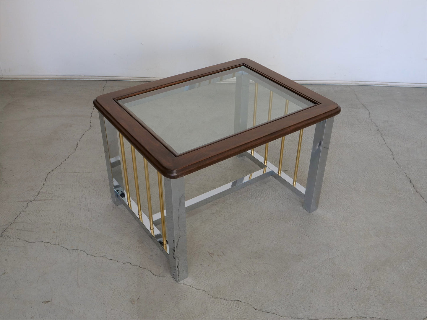 1970's Mid-Century Modern Mahogany, Chrome, Brass, and Glass Coffee Table