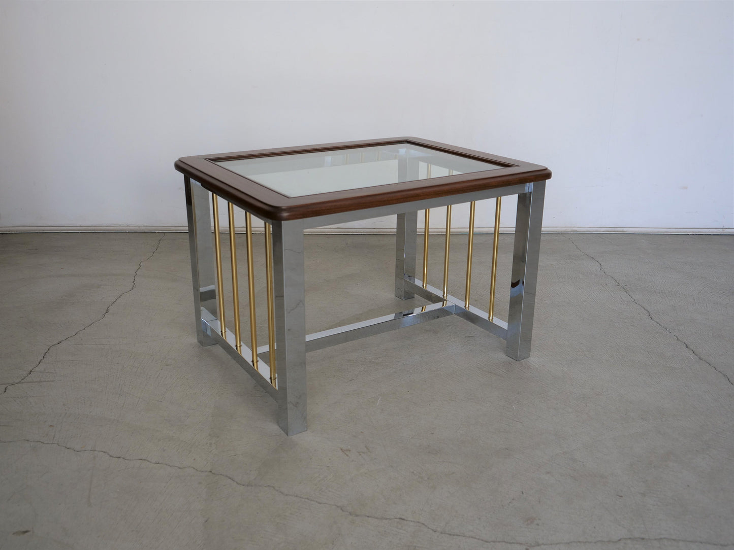 1970's Mid-Century Modern Mahogany, Chrome, Brass, and Glass Coffee Table